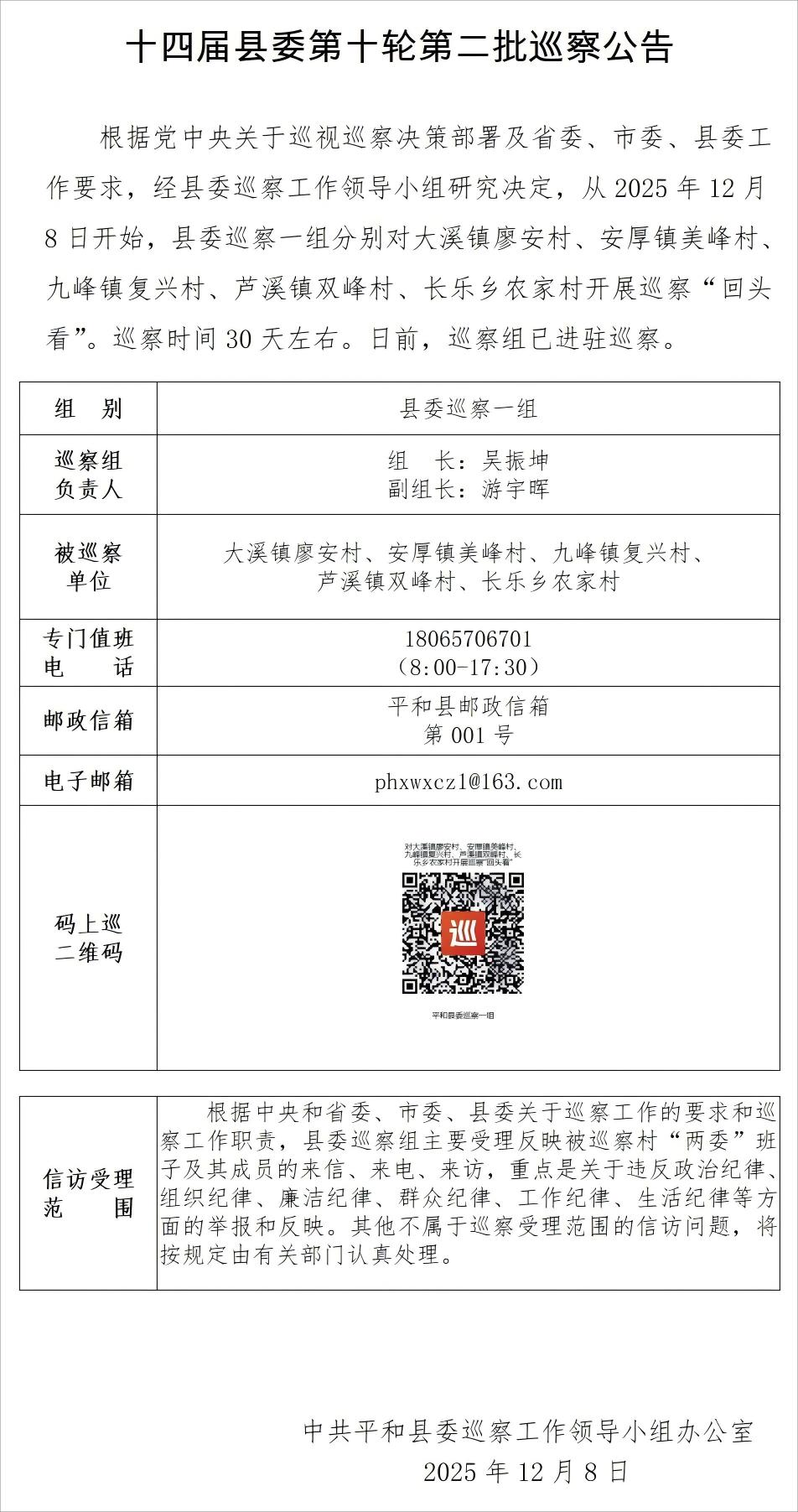 十四届县委第十轮第二批巡察公告