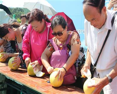 活动现场游客正在参加剥柚子比赛