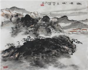 林汉民国画作品《观瀑图》